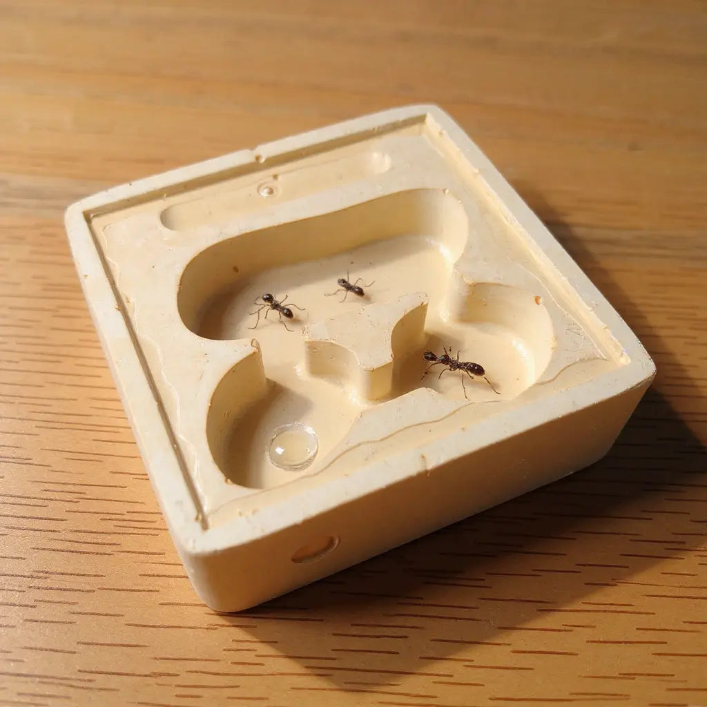 Petits camponets (fourmis) noires sur un socle en plastique beige, semblable à un moule ou un dispositif d’observation.