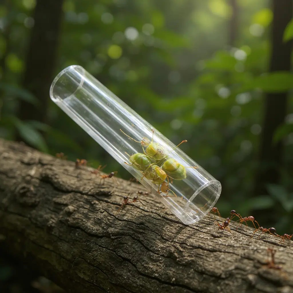 Ant ant colony inside a small transparent tube resting on a tree trunk in a forest, with green ants gathering inside.